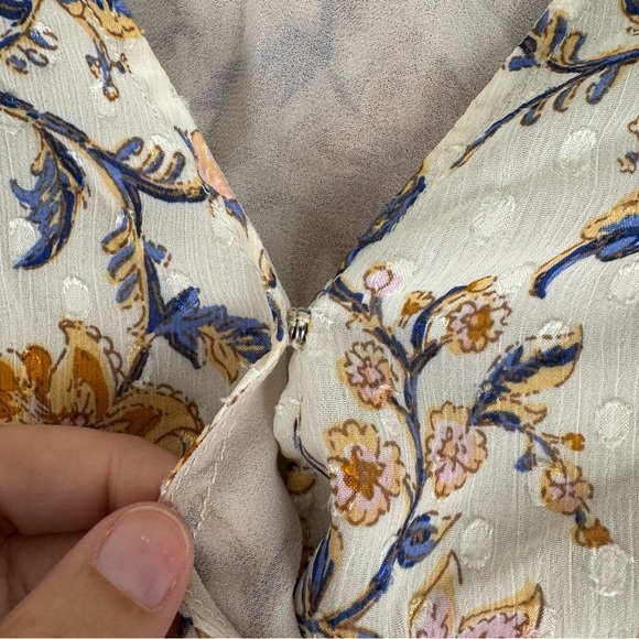 Joie Faux-Wrap Cropped Floral Top Smocked Sheer Sleeves Cream Orange Boho Print - Picture 5 of 12